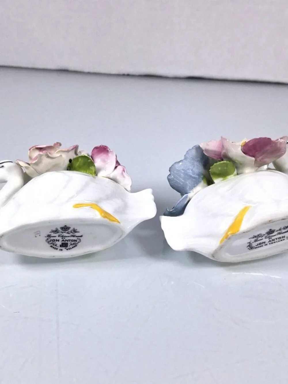 Vintage Jon Anton Fine Bone China Swan Figurines With Floral Bouquets